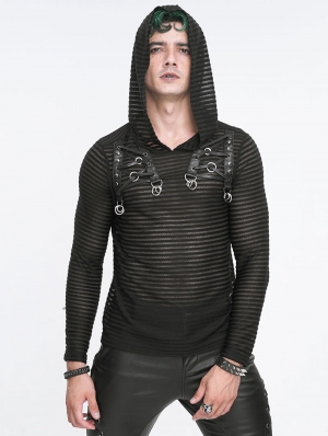 Black Gothic Striped Long Sleeve Daily Wear Hooded T-Shirt for Men