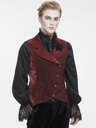 Red Retro Embroidery Feather Gothic Party Lapel Waistcoat for Men