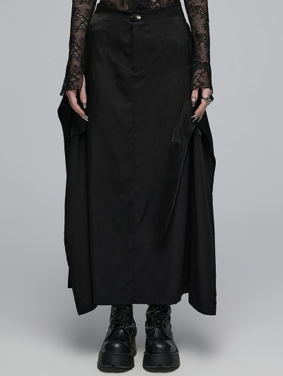 Black Gothic Daily Wear Cross Strap Mid Waist A-Line Long Skirt