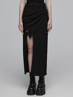 Black Gothic Knitted Diagonal Pleated Split Long Fitted Skirt