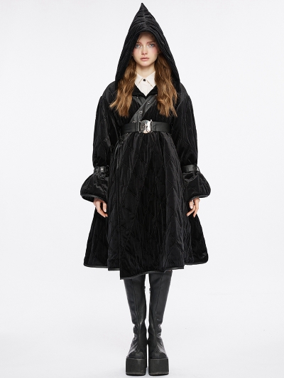 Black Gothic Winter Warm Hooded Jacket with Detachable Belt for Women