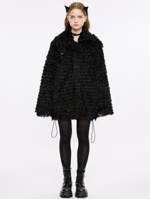 Black Gothic Zipper Placket Daily Wear Loose Mid Length Coat for Women