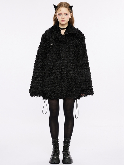 Black Gothic Zipper Placket Daily Wear Loose Mid Length Coat for Women