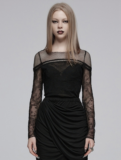 Black Gothic Lace Mesh Slim Fitted T-Shirt for Women