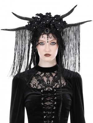 Black Gothic Queen's Floral Tassel Horn Headdress