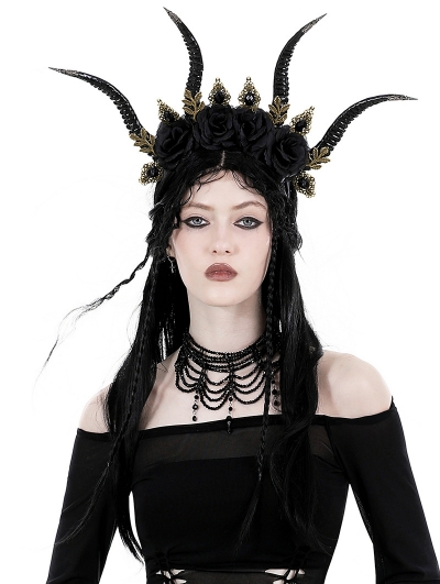 Black Gothic Demon Girl Dark Rose Sheep Horn Hair Band