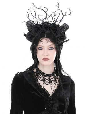 Black Gothic Rose Twig Sheep Horn Headdress