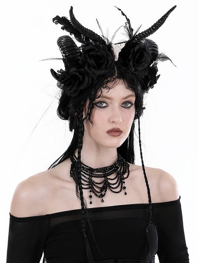 Black Gothic Rose Feather Halloween Sheep Horn Headdress