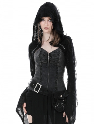 Black Gothic Punk Devil Shredded Hooded Cape for Women