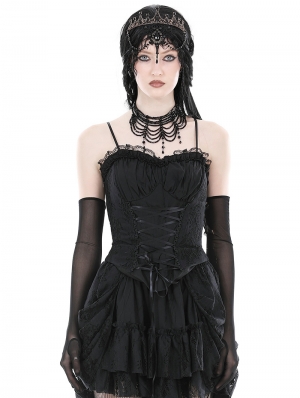 Black Gothic Ruffle Lace Up Strap Overbust Corset Top for Women