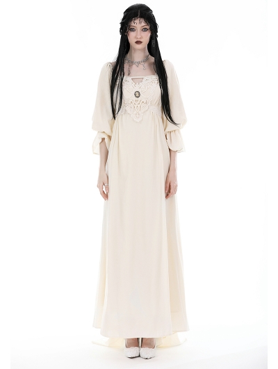 Ivory Vintage Gothic Steampunk Princess Long Puff Sleeve Floor Length Dress