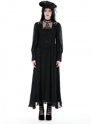 Black Vintage Gothic Long Sleeve Lace Appliqued Maxi Dress