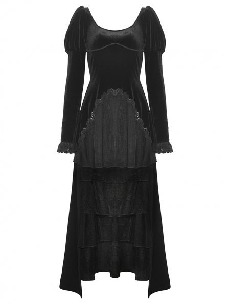 Black Gothic Velvet Ruffle Lace Hem High Low Party Dress - Devilnight.co.uk