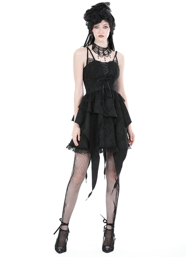 Black Gothic Lace Frilly Strap Short Irregular Party Dress