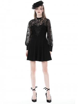 Black Gothic Floral Pattern Lace Long Sleeve Short Casual Dress