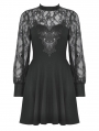 Black Gothic Floral Pattern Lace Long Sleeve Short Casual Dress