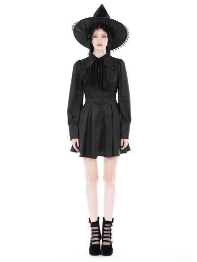 Black Gothic Lace Bow Tie Long Sleeve Short Casual Dress - Devilnight.co.uk