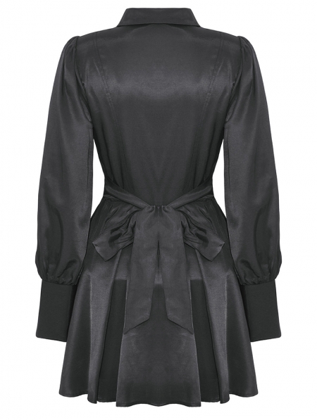 Black Gothic Lace Bow Tie Long Sleeve Short Casual Dress - Devilnight.co.uk