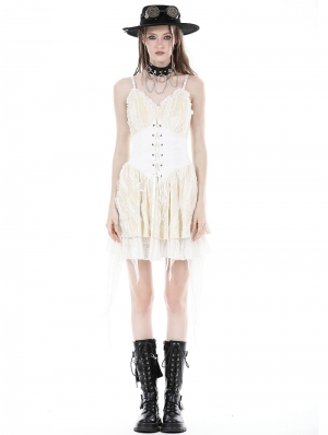 Ivory Gothic Steampunk Girl Frilly Lace Up Velvet Dress