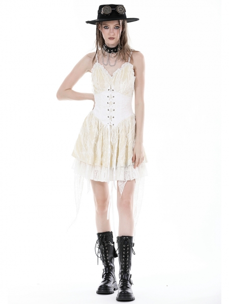 Ivory Gothic Steampunk Girl Frilly Lace Up Velvet Dress 