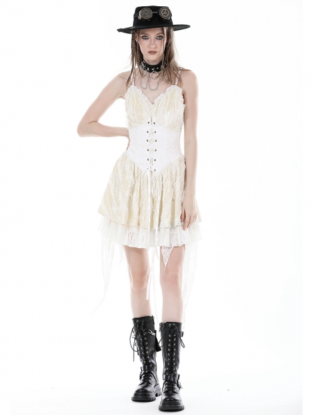 Ivory Gothic Steampunk Girl Frilly Lace Up Velvet Dress