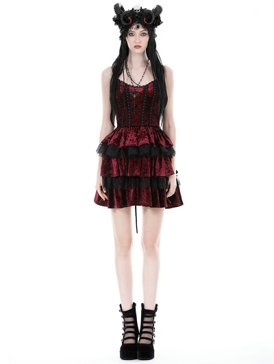 Blood Red and Black Velvet Lost Girl Gothic Frilly Short Dress