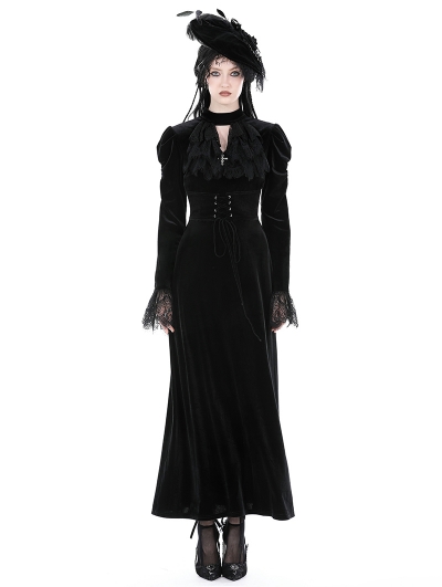 Black Vintage Gothic Elegant Long Sleeve Mermaid Velvet Maxi Dress