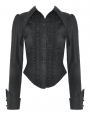 Black Gothic Ruffle Front Button Up Long Sleeve Blouse for Women