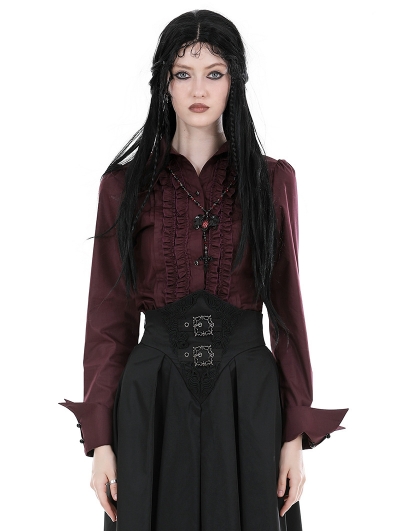 Wine Red Gothic Ruffle Front Button Up Long Sleeve Blouse for Women