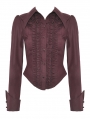 Wine Red Gothic Ruffle Front Button Up Long Sleeve Blouse for Women