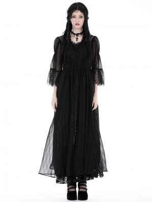 Black Gothic Sexy Mesh Lace Spliced Long Outerwear for Women