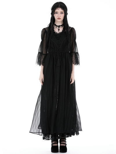 Black Gothic Sexy Mesh Lace Spliced Long Outerwear for Women