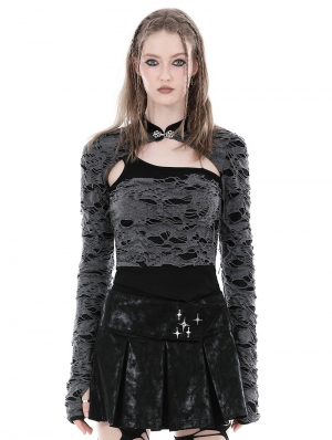 Grey and Black Gothic Punk Shredded Asymmetric Top for Women