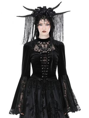 Black Vintage Gothic Lace Bell Sleeve Hollow Out Sexy Velvet Top for Women
