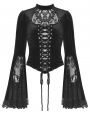 Black Vintage Gothic Lace Bell Sleeve Hollow Out Sexy Velvet Top for Women