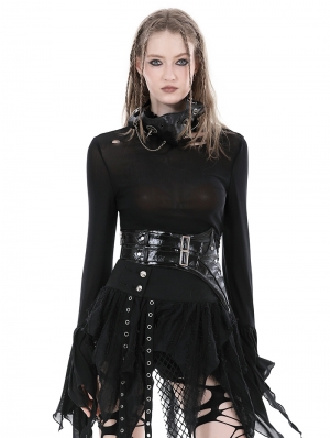 Black Gothic Punk Irregular Hole Mesh Top for Women