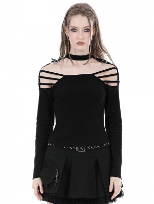 Black Gothic Punk Sexy Off-the-Shoulder Slim Fit T-Shirt for Women