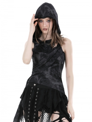 Black Gothic Punk Cool Pin Hooded Sleeveless T-Shirt for Women