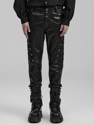 Black Gothic Punk PU Leather Slim Fitted Pants for Men