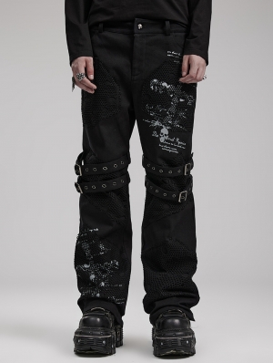 Black Gothic Punk Distressed Mesh Skull Printed Trousers for Men