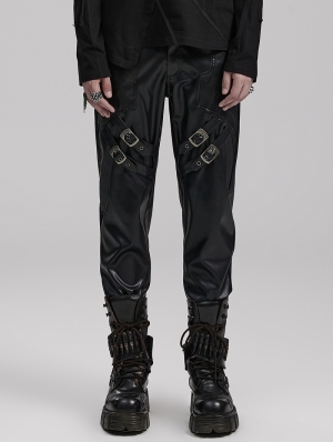 Black Gothic Punk Buckle Decro PU Leather Pants for Men