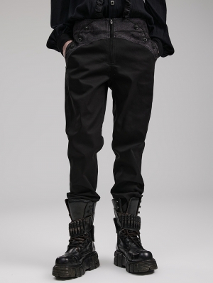 Black Vintage Gothic Jacquard Trimmed Slim fit Trousers for Men