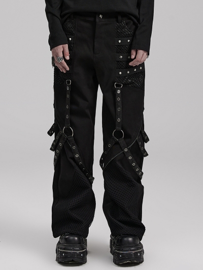 Black Gothic Punk Metal Studded Wide Leg Trousers for Men