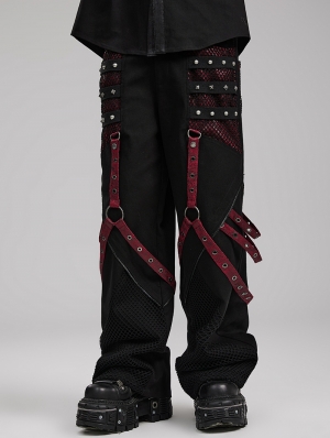 Black and Red Gothic Punk Metal Studded Wide Leg Trousers for Men