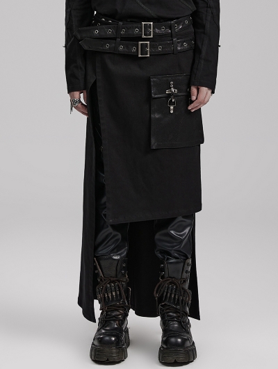 Black Gothic Punk Asymmetrical High-Low Long Kilt Skirt for Men