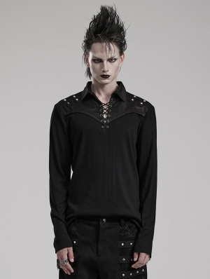 Black Gothic Punk Eyelet Stud Long Sleeve T-Shirt for Men