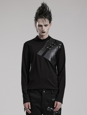 Black Gothic Punk Metal Rivets Daily Long Sleeve T-Shirt for Men