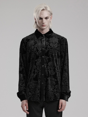 Black Gothic Vintage Embossed Velvet Shirt for Men