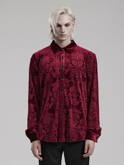 Red Gothic Vintage Embossed Velvet Shirt for Men