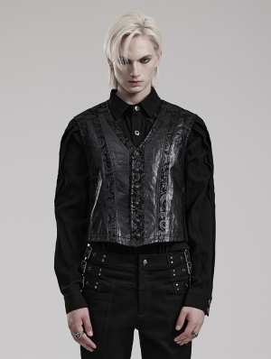 Black Vintage Gothic Printed PU Leather Waistcoat for Men